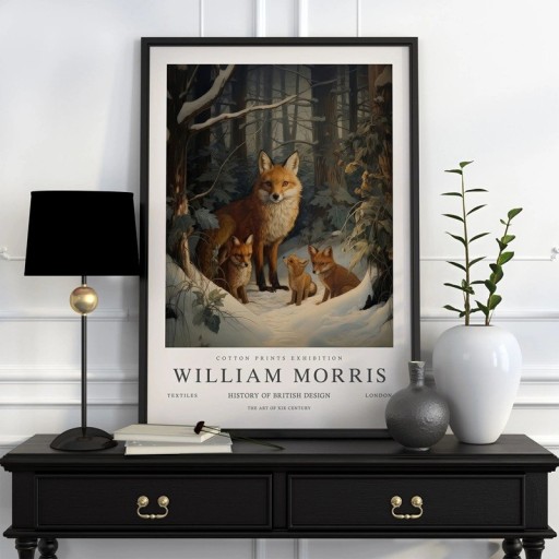 Plakat William Morris ræv med unger i skoven botanisk motiv 30x40 cm polyester lærred brune-grønne-beige dekorationer
