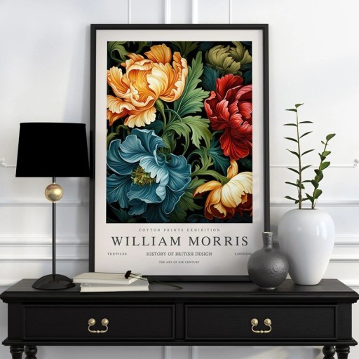 Plakát William Morris s botanickým motivem květin 30x40 cm polyesterové plátno modro-žlutý dekorace interiéru na stěnu