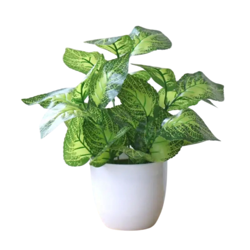 Planta artificial decorativa con hojas de perilla, 22 x 20 cm, de plástico verde, en maceta, ideal para decoración de interiores de hogar y oficina.
