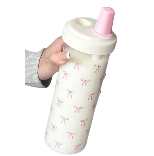 Plastic Cup with Straw and Bow Tie Motif 700 ml Plastic White Drinking Bottle with Lid and Straw for Cold Beverages