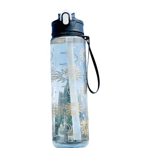 Plastic Drinking Bottle with Straw 800 ml Black Bottle with Sun and Moon Motif Plastic Sports Bottle for Everyday Use