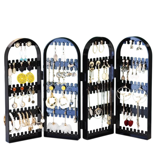 Plastischer Schmuckständer für Ohrringe und Schmuck, faltbarer Organizer mit 4 Türen 28 × 10 cm Ständer für Ohrringe, Halsketten und kleinen Schmuck