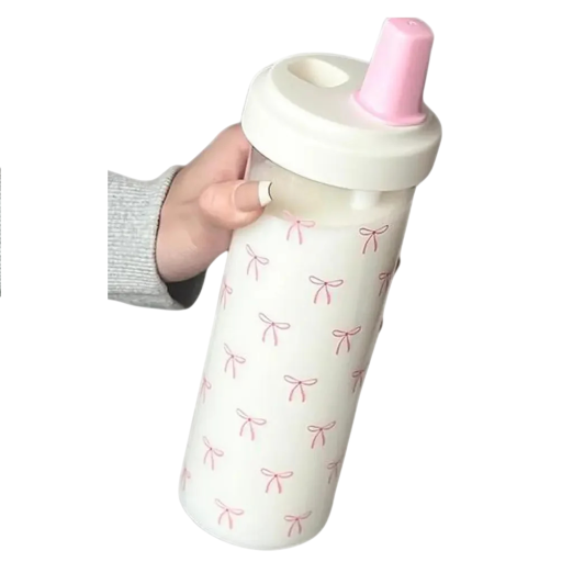 Plastmugg med sugrör och motiv av rosetter 700 ml Plastflaska i vitt för drycker med lock och sugrör för kalla drycker