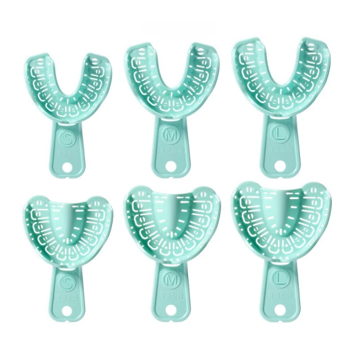 Plastová forma na otisk zubů 6 ks 3 páry velikosti 7,6 x 11 cm 7,0 x 10,2 cm 6,6 x 9,7 cm Dentální otiskovací pomůcka