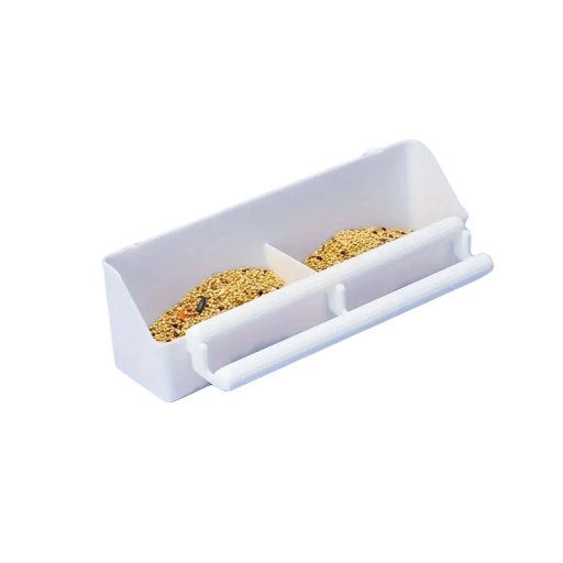 Plastové dvojité krmítko pro ptáky 21 x 5 x 6,5 cm Bílé závěsné krmítko do klece s bidýlkem Praktická miska pro ptactvo