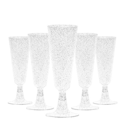 Plastové poháriky na sekt 25 ks trblietavý povrch 150–160 ml plast strieborná flauta na šampanské pre oslavy, svadby a slávnostný prípitok