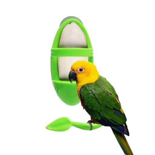 Plastový držák na ovoce zeleninu nebo sépiovou kost do ptačí klece 10,5 x 5,2 cm se zeleným bidýlkem 7,5 cm Krmítko pro ptáky