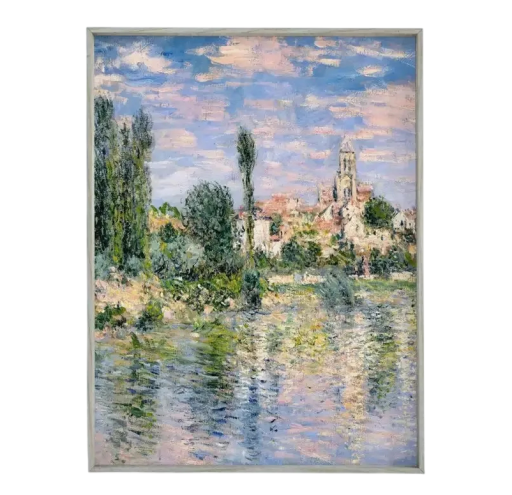 Plátenný mäkký plagát 40 x 60 cm Mestská krajina pri rieke Monet inšpirácia Obraz na výšku bez rámu Letná impresionistická dekorácia