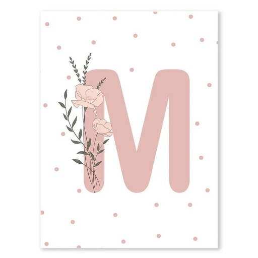 Plátenný plagát 21 x 30 cm Kvetinová iniciála „M“ Ružový obraz bez rámu Jemná nástenná dekorácia do detskej a dievčenskej izby