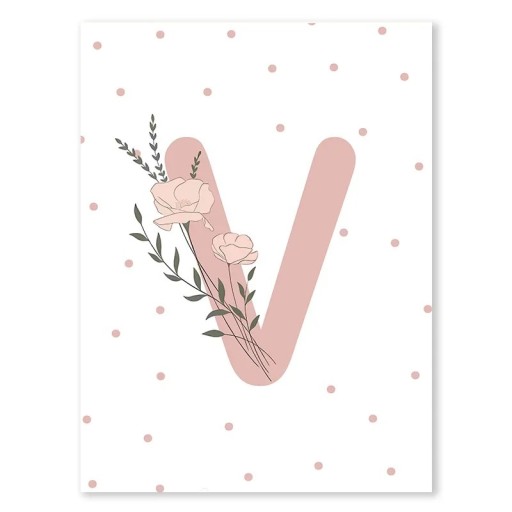 Plátenný plagát 21 x 30 cm Minimalistické ružové písmeno „V“ s kvetinou Dekoratívny obraz na stenu Bez rámu Do dievčenského pokoja