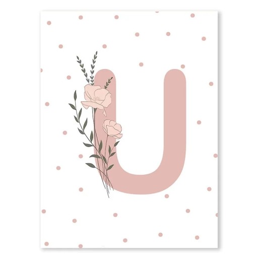 Plátenný plagát 40 x 50 cm Ružové písmeno „U“ s kvetinou Minimalistický obraz bez rámu Nástenná dekorácia do dievčenského pokoja