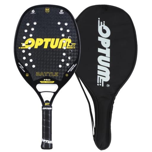 Plážová tenisová raketa Optum Battle Pro Hrubý povrch Délka 50 cm Tloušťka 20 mm 12K uhlíkové vlákno Jádro z EVA pěny Černá Na beach tennis