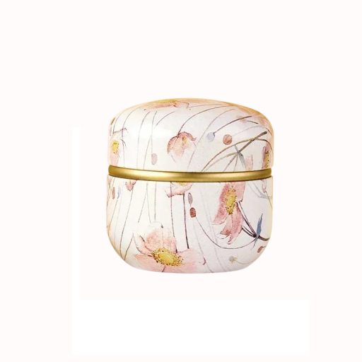 Plechová dvojitá krabička 8,5 × 8,5 cm jemný květinový motiv růžové květy na světlém podkladu se zlatým pruhem dóza s víkem