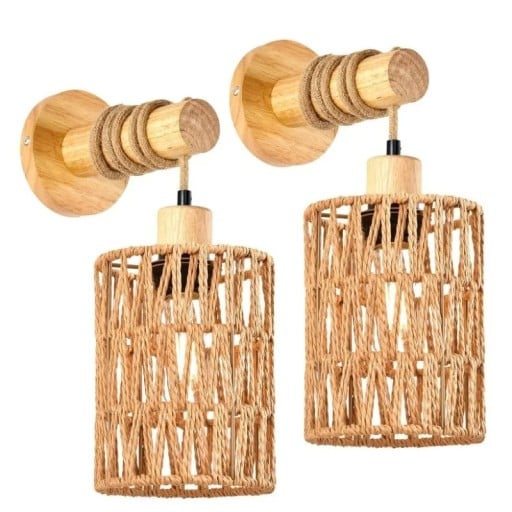 Pletena Nástěnna Lampa Provazové Stínidlo Sada 2 ks Dřevěná Konzola 90-260 V Dřevo Přírodní Barva Rustykalny Boho Do Obýváku i Sypialni