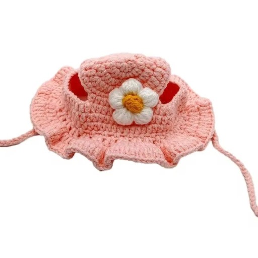 Pletený klobouk pro kočku s květinou Velikost S Klobouk pro domácí mazlíčky do 2.5 kg Háčkovaný klobouk pro kočky