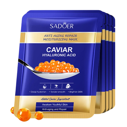 Pleťová maska s kaviárom a kyselinou hyalurónovou v sade 5 kusov pre pevnú, sviežu a hydratovanú pleť, kozmetická starostlivosť o tvár