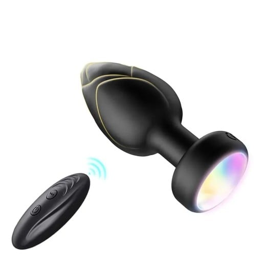 Plug anal com vibração em silicone com iluminação LED e controlo remoto, 10 modos de vibração, cores a mudar, à prova de água, embalagem