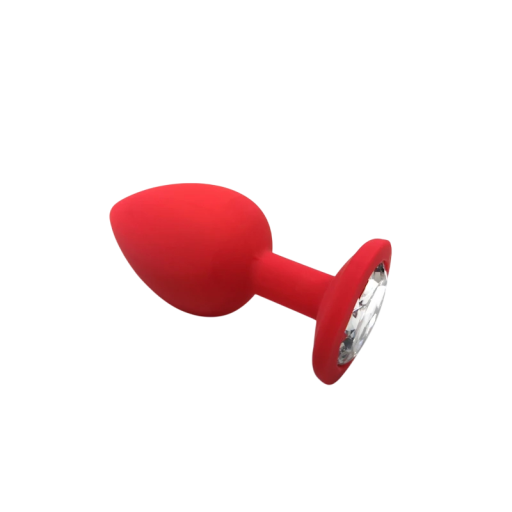Plug anal em silicone vermelho tamanho L com pedra transparente removível, ideal para apimentar momentos íntimos com estilo Embalagem discreta