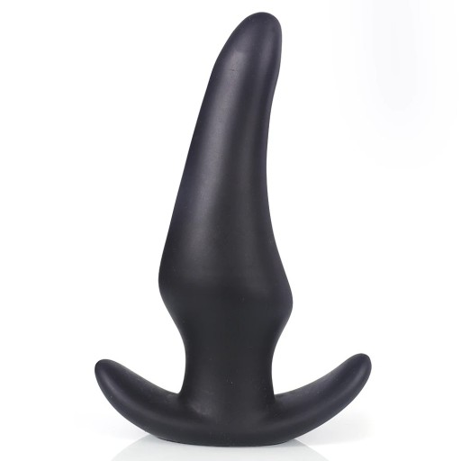 Plug anal negro de silicona suave, talla L, 6,3 cm, forma ergonómica, embalaje discreto.