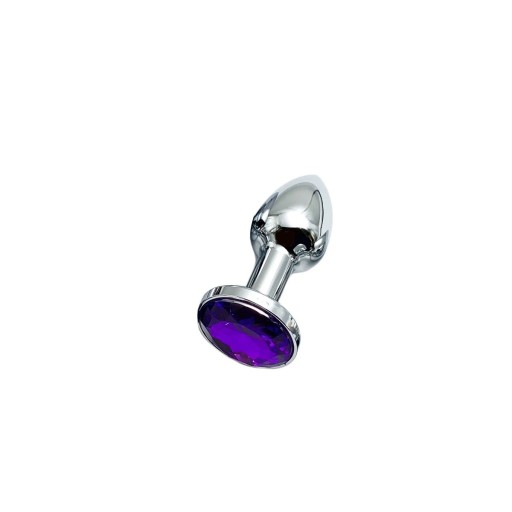 Plug anale in metallo taglia S 2,3 x 3cm con pietra viola decorativa, elegante accessorio erotico, superficie liscia, compatibile con lubrificanti, confezione discreta