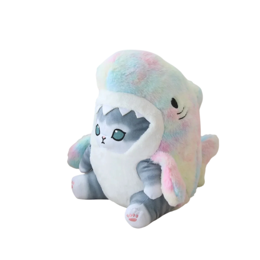 Plush Toy Catshark 20 cm Grey Cat with Colourful Shark Soft Plush and PP Cotton Original Cuddly Gift for Children and Adults