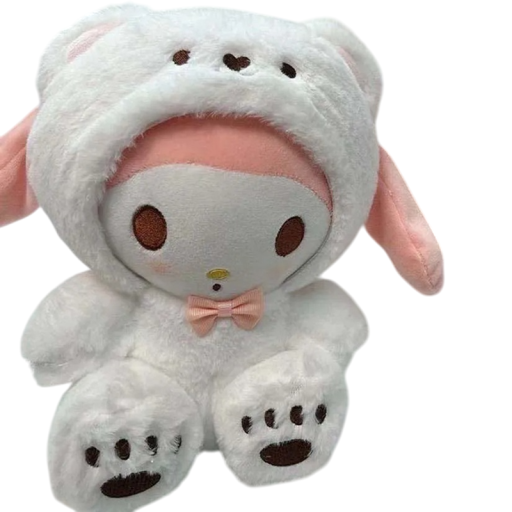 Plyšosa hraça My Melody 25 cm figura Sanrio em fato branco de ursinho Brinquedo adorável Decoração Presente estilo kawaii para crianças e colecionadores