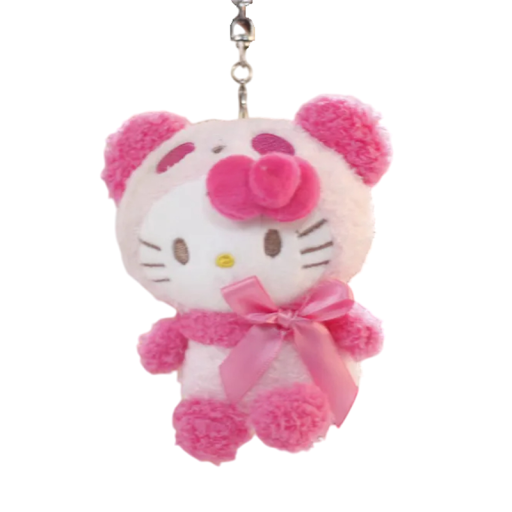 Plyšový přívěsek kočka v růžovém obleku medvídka 12 cm Roztomilá klíčenka Mini hračka na batoh Dekorace pro děti Stylový doplněk kawaii