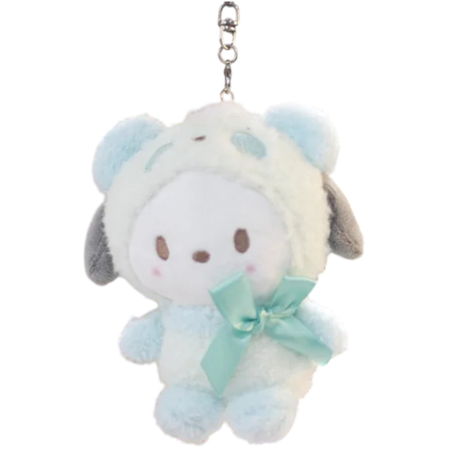 Plyšový přívěsek Pochacco v zeleném obleku medvídka 12 cm Roztomilá klíčenka Kawaii doplněk na batoh Dekorace pro děti Fanoušci Sanrio