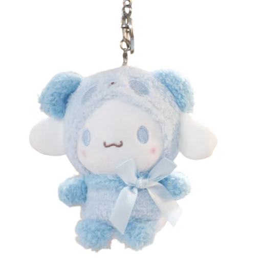 Plyšový prívesok Cinnamoroll v modrom obleku medvedíka 12 cm Roztomilá kľúčenka Kawaii doplnok na batoh Dekorácie pre deti aj fanúšikov Sanrio