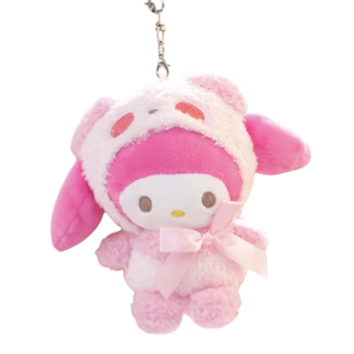 Plyšový prívesok My Melody v ružovom obleku medvedíka 12 cm Roztomilá kľúčenka Kawaii doplnok na batoh Dekorácie pre fanúšikov Sanrio