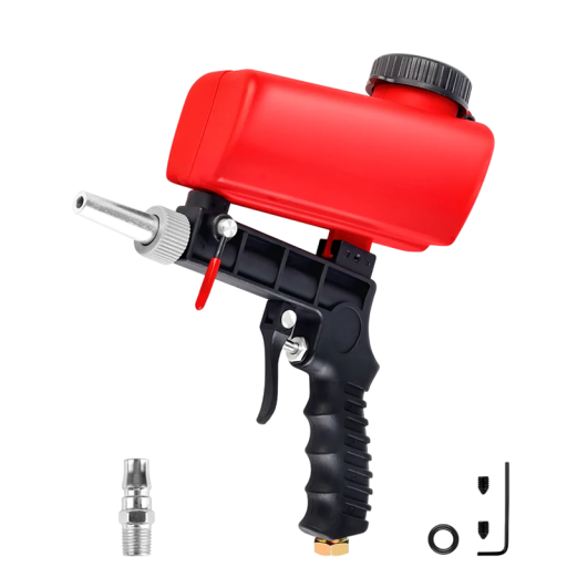 Pneumatyczny pistolet do piaskowania z regulowaną dyszą, ciśnienie 90 psi, 28 x 25 x 9 cm, czerwono-czarny, do usuwania rdzy i piaskowania