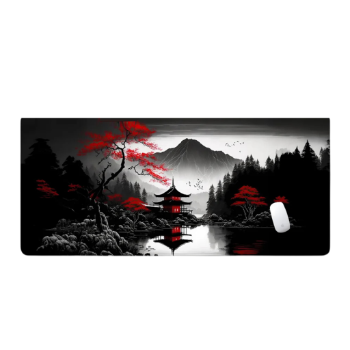 Podložka Pod Myš A Klávesnicu Japonský Motiv Hora A Stromy Veľkosť 300 x 700 x 2 mm Čiernobiela S Červenými Detailmi Na Stôl A Hranie