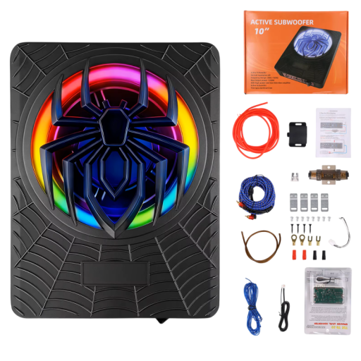 Podofo dunne subwoofer voor auto 1200 W actieve onderzitplaats met LED-verlichting 29 x 21,8 x 7,2 cm aluminium zwart 4 Ω met versterker