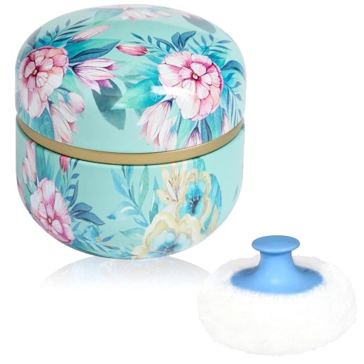 Poederdoos met applicator bloemenmotief turquoise roze ronde doos met gouden detail cosmetische container voor poeder