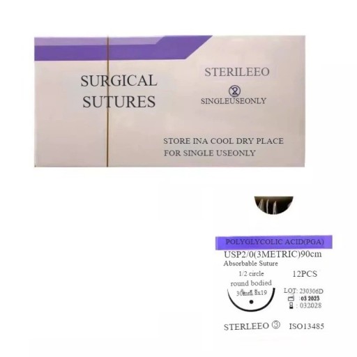 Points de suture vétérinaires résorbables PGA USP 2-0 90 cm aiguille ronde 1/2 circulaire 30 mm stérile à usage unique