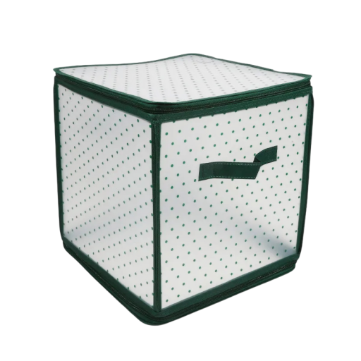 Pojemnik na ozdoby świąteczne z 64 przegródkami 30x30x30 cm PP i tektura falista biała z zielonymi detalami organizator dekoracji