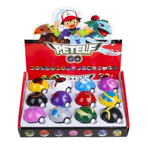PokeBall med Pokémon-figur og klistermærker Sæt med Pokéballs i en æske Mini Pokémon-figur i Pokéball Lille figur med 2 klistermærker i Pokéball, 12 stk.