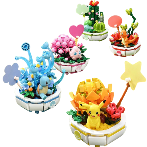 Pokémon építőkészletek virágokkal Pokemon építőkészletek Kreatív lakberendezési tárgyak Pikachu, Charmander, Jigglypuff, Squirtle, Bulbasaur Virág talapzaton Pokemonnal 13 x 9 x 9 cm, 5 db