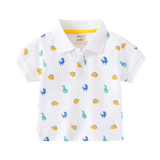 Polo infantil para rapaz com colarinho e motivo de dinossauros de manga curta Camiseta branca em algodão com botões até metade Estilo de vestuário