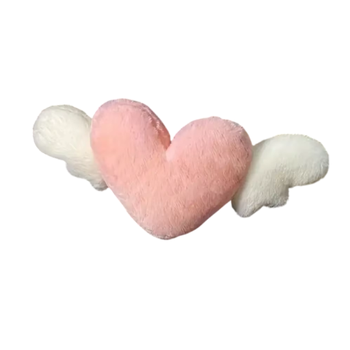 Polštář do auta ve tvaru srdce plyšový měkký růžovo bílý dekor s křídly doplněk na autosedačku pro pohodlné cestování