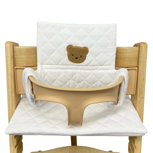 Polštářky na jídelní židličku protiskluzové Sedák 40 x 24 x 1 cm i opěrka 35 x 24 x 1 cm Nylon s PP bavlnou Bílá barva s medvídkem
