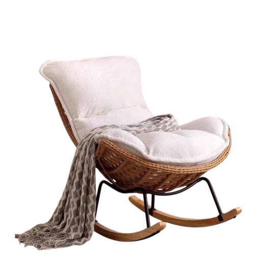 Poltrona a dondolo con design intrecciato e rivestimento bianco sfoderabile, dimensioni 100 x 95 x 85 cm, per il soggiorno e la zona relax