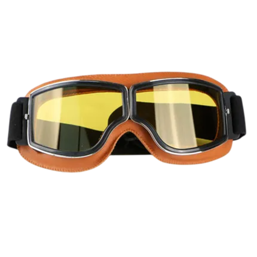 Pomarańczowe okulary motocyklowe retro 15 x 5 cm Ochrona UV Oprawka PC ABS Soczewki żółte Etui skórzane Stylowe okulary motocyklowe Wygląd vintage