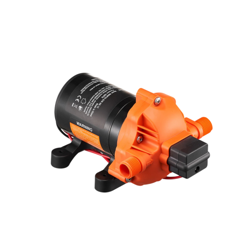 Pompa membranowa 12 V o mocy 60 W i ciśnieniu 60 PSI z gwintem 1/2 cala i przepływem 6,81 l na minutę w kolorze czarno-pomarańczowym