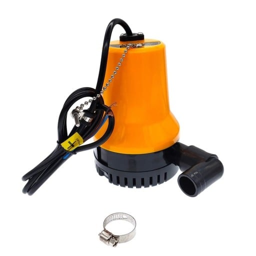 Ponorné drenážní čerpadlo 12 V s průtokem 70 l za minutu a výtlakem 5 m s hrdlem 25 mm v oranžovo-černém provedení na odčerpávání vody
