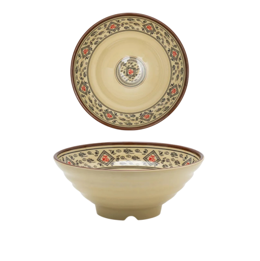 Porseleinen kom in Japanse stijl 1600 ml met een beige achtergrond en zwart-rode ornamentale patroon 22,3 x 9 cm voor noedelsoep