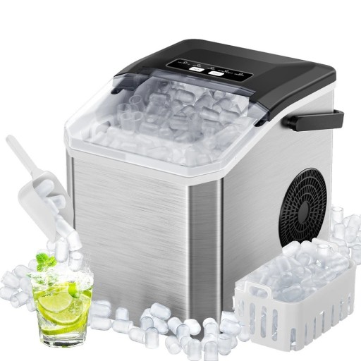 Portable Stainless Steel Ice Maker 12 kg in 24 h 9 Cubes in 6 Minutes Self-Cleaning 1.3 l Water Tank 230 V and 130 W for Home