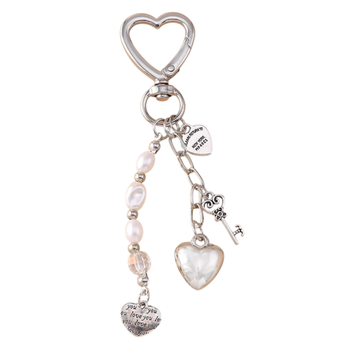 Portachiavi 11 cm Lega di zinco Perline cuori e chiave Portachiavi metallico per borsa zaino Accessorio romantico alla moda regalo