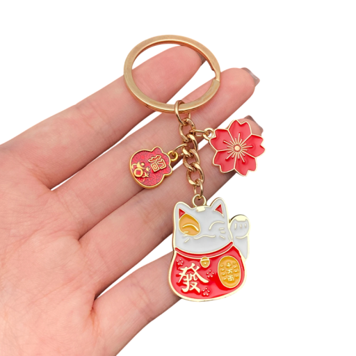 Portachiavi 3 x 9 cm Metallo Gatto della Fortuna con Fiore e Simbolo Maneki Neko