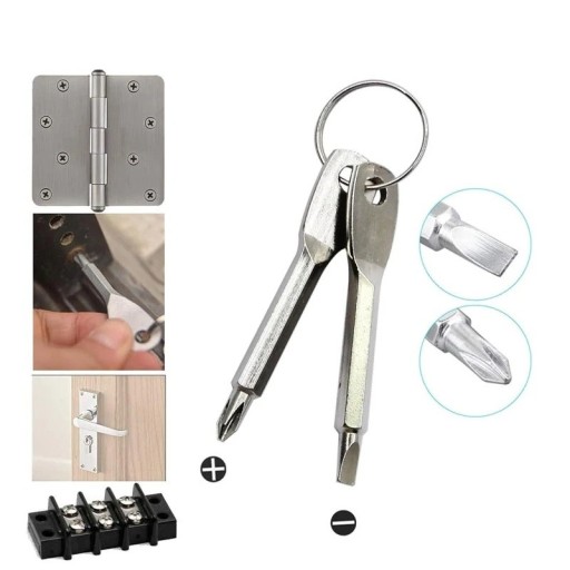 Portachiavi in metallo con set di 2 mini cacciaviti piatto e a croce con anello per appendere per piccole riparazioni e uso quotidiano